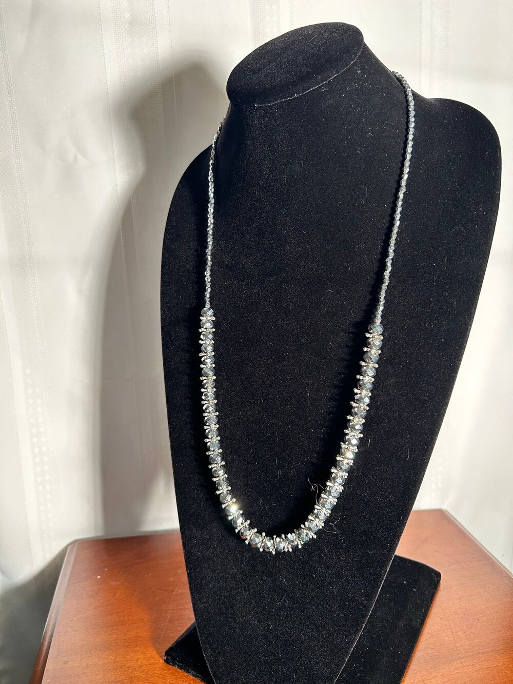 Silver Tone Multi Bead Crystal Necklace Faceted Gunmetal Gray Stations